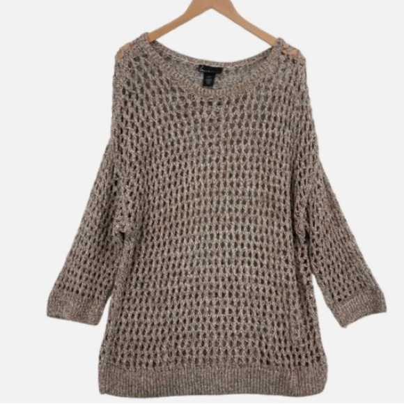 Lane Bryant Sweater Women Brown Open-Knit Cotton Round Neck Long Sleeve - Picture 1 of 8